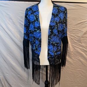 LF Millau Brand Floral Fringe Kimono Open Front Jacket Women’s Size S